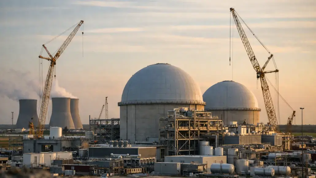 Nuclear power plant with two large domed reactors under construction, surrounded by scaffolding and cranes at sunset.
