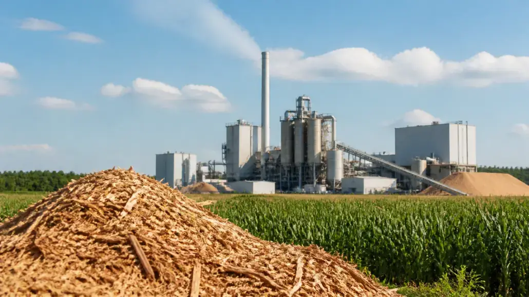 A pile of wood chips in the foreground with a large industrial biomass plant and silos in the background under a blue sky.