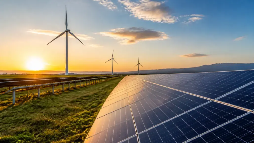 Sunset over a solar farm with rows of solar panels in the foreground and wind turbines in the distance.