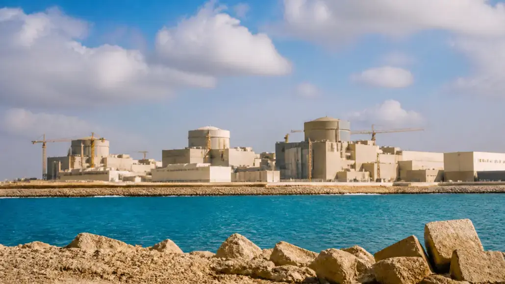 Beige industrial complex under construction along a rocky shoreline, with cranes and calm blue water in front.