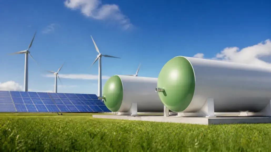 Renewable energy site with wind turbines, solar panels, and large green-ended storage tanks on a grassy field.