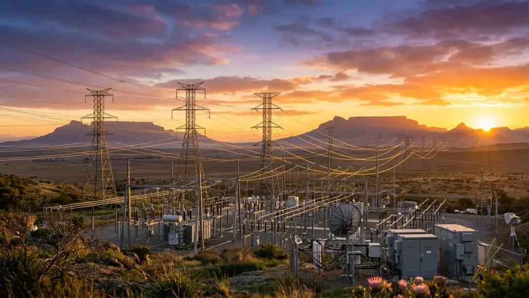 Electrical substation with tall transmission towers and power lines across a desert landscape at sunset.