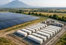 Philippines Building Pampanga Solar and Battery Project Aerial view of a solar farm with rows of panels on the left and a fenced yard of white battery storage containers on the right, set in rural fields and hills in the distance.