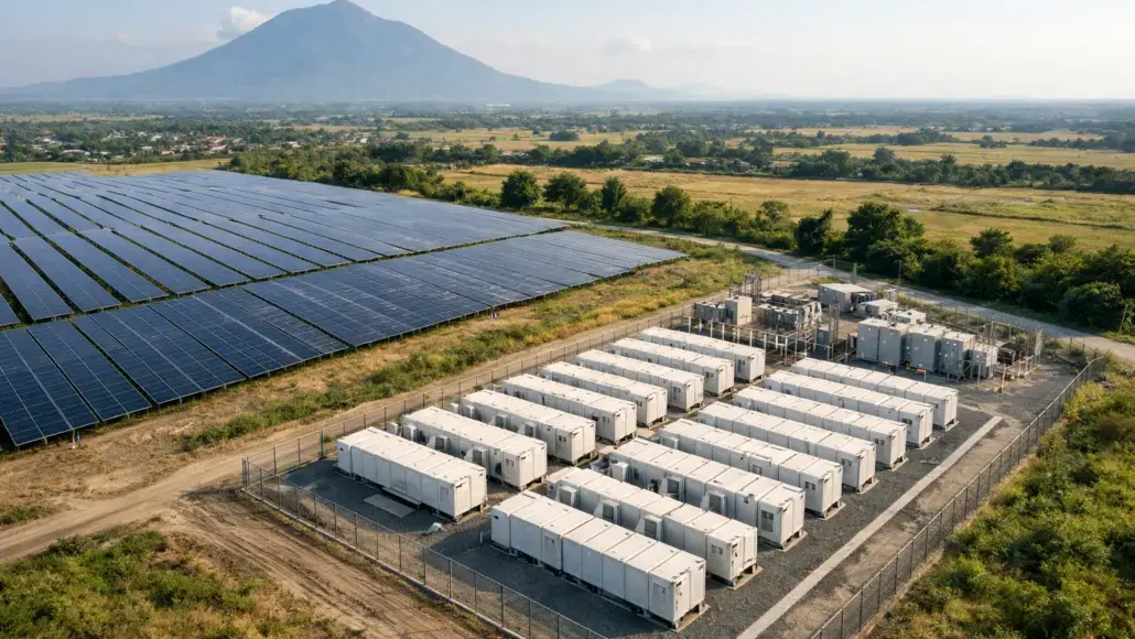 Aerial view of a solar farm with rows of panels on the left and a fenced yard of white battery storage containers on the right, set in rural fields and hills in the distance.