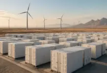 Major Energy Consortiums Win USD 1.16B Saudi BESS Projects Rows of white shipping containers stretch across a desert, with wind turbines and distant mountains on the horizon.