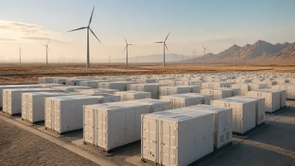 Rows of white shipping containers stretch across a desert, with wind turbines and distant mountains on the horizon.