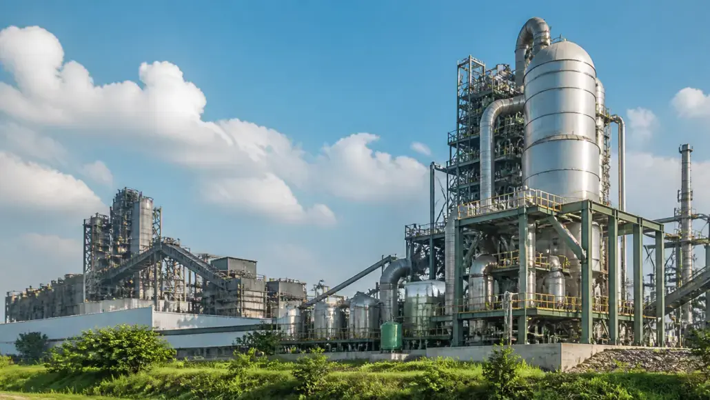 Industrial chemical plant with tall stainless towers, pipes, and catwalks under a blue sky.