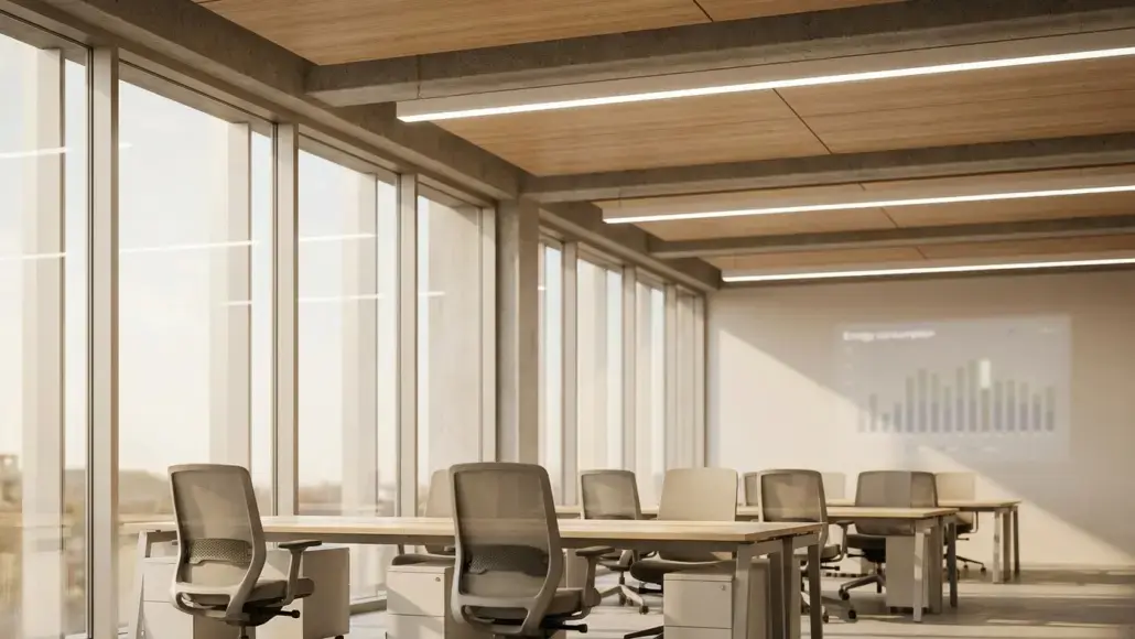 Empty modern conference room with long desks and ergonomic chairs along large glass windows; a projected bar chart is visible on the wall.