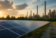 Nigeria and IEA Sign Strategic Energy Cooperation Pact Solar panels in a field with an oil refinery in the distance at sunset as the sky glows orange.