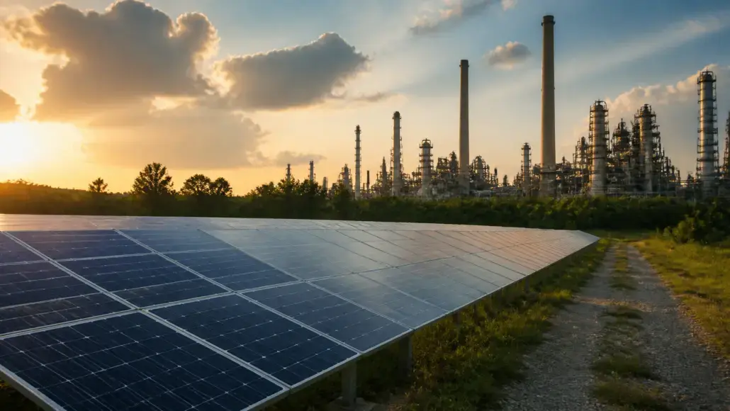 Solar panels in a field with an oil refinery in the distance at sunset as the sky glows orange.