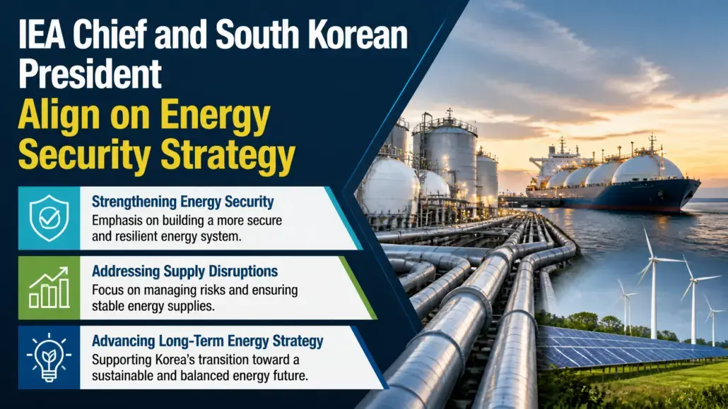 Banner announcing IEA Chief and South Korean President align on energy security strategy, with three focus areas: Strengthening Energy Security, Addressing Supply Disruptions, and Advancing Long-Term Energy Strategy, over an energy industry backdrop of pipelines, ships, and renewables.