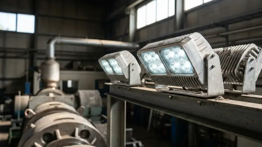 Industrial workshop scene with a row of rugged LED floodlights mounted on a metal beam, machinery blurred in the background, daytime light streaming through windows.