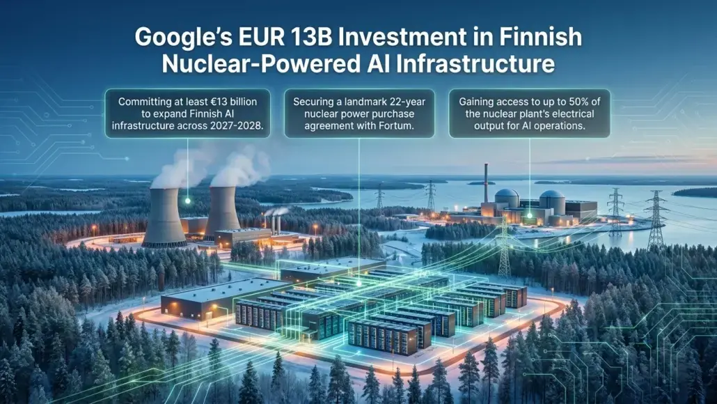 Infographic about Google's €13B investment in Finnish nuclear-powered AI infrastructure, with three callouts about funding, a nuclear power purchase agreement, and access to plant output on AI operations.
